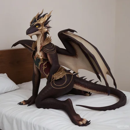 score_9, score_8_up, score_7_up, score_6_up, score_5_up, score_4_up, masterpiece, high quality, realistic, detailed, best quality, 1girl, solo, rating_safe, source_furry, white bed, bedroom, smiling, seductive, looking at viewer, on bed, full body, emberthal_wc, dracthyr, dragon, black scales, wings, horns, tail, claws, female, 1girl, anthro, yellow sclera, armor, helmet, black slit eyes, negative_hand