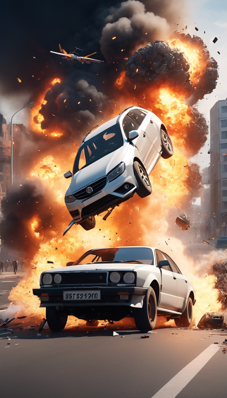 Car accident, explosion, flying though a paradox, cinematic scene, scenery, detailed background, masterpiece, best quality, high quality, highres, absurdres, very detailed, high resolution, sharp, sharp image, 8k, multicolored, colorful, vivid, award winning, stunning, amazing <lora:mmd_xl_v2:1>
