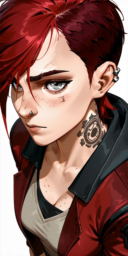 ydstlvi, 1girl, solo, breasts, short hair, bangs, simple background, shirt, white background, jewelry, grey eyes, closed mouth, jacket, upper body, red hair, open clothes, classicviolet, hood, from above, looking at viewer, open jacket, tattoo, profile, piercing, ear piercing, red jacket, freckles, neck tattoo, nose piercing, vi \(league of legends\) <lora:ydstlvi:1>