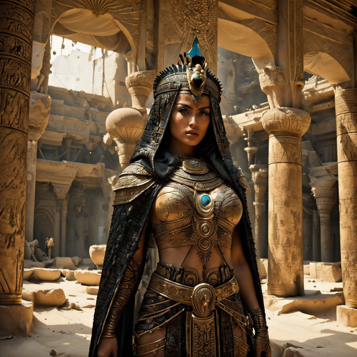 RAW photo, (masterpiece:1.3), subsurface scattering, heavy shadow, (high quality:1.4), (intricate, high detail:1.2), professional photography, HDR, High Dynamic Range, realistic, ultra realistic, photorealistic, high resolution, film photography, ambient lighting, atmospheric effects, <lora:detail_slider_v4:2>, OverallDetail, elle, <lora:Elle:1>, as a female stygian queen, upper body shot, black hair, wearing elaborate armor, bracers, belt, headdress, cloak, StygAr, <lora:StygianArmor:0.75>, standing in a palace in Stygia, <lora:Stygia-10:0.7>,  epiCPhoto