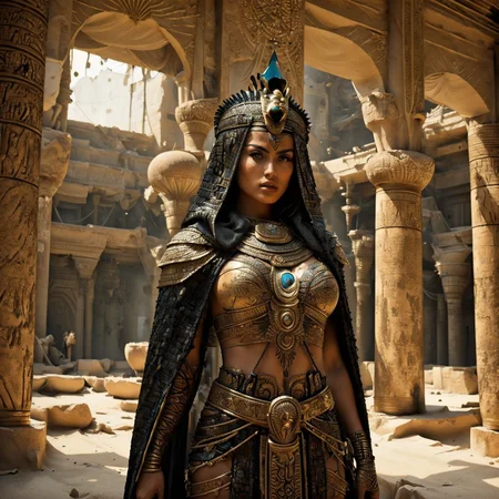 RAW photo, (masterpiece:1.3), subsurface scattering, heavy shadow, (high quality:1.4), (intricate, high detail:1.2), professional photography, HDR, High Dynamic Range, realistic, ultra realistic, photorealistic, high resolution, film photography, ambient lighting, atmospheric effects, <lora:detail_slider_v4:2>, OverallDetail, elle, <lora:Elle:1>, as a female stygian queen, upper body shot, black hair, wearing elaborate armor, bracers, belt, headdress, cloak, StygAr, <lora:StygianArmor:0.75>, standing in a palace in Stygia, <lora:Stygia-10:0.7>, epiCPhoto