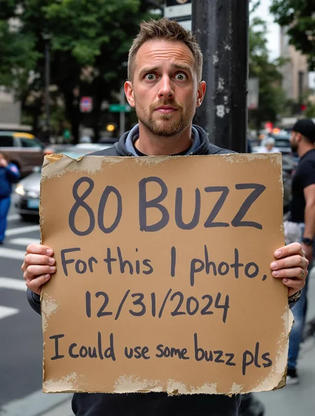A 30-year-old man stands on a busy street corner, his expression a mix of comic bewilderment and mild confusion. He holds a worn cardboard sign with creases and smudges. The sign has four rows of handwritten text in bold marker. The top row reads '80 BUZZ' with a playful tone. The second row states 'For this 1 photo,' and the third row shows the date '12/31/2024', and the fourth row says 'I could use some buzz pls' The scene captures a quirky, humorous moment with an urban backdrop.