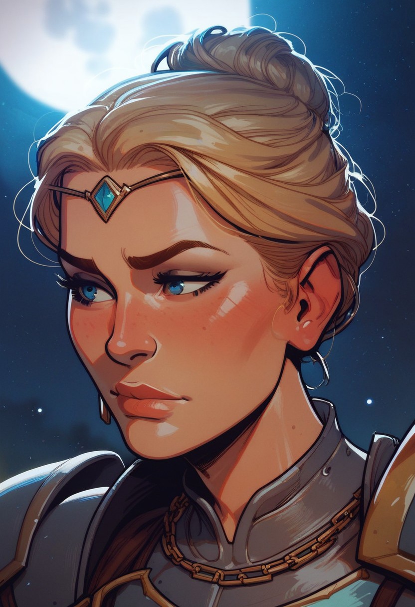 score_9, score_8_up, score_8, score_7_up, score_7, score_6_up, score_6, score_5_up, beautiful blonde, long straight hair, hair in a bun, golden circlet, armor, necklace, (flat stomach, narrow hips):1.4, pouty expression, blush, vox machine style, 1girl, female focus, solo, close up portrait , fantasy, moon, moon light, night background, (dynamic lighting:1.1)
((masterpiece))