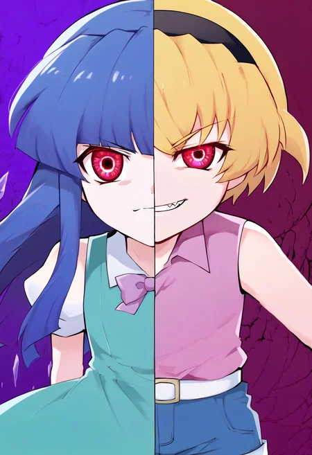 score_9, score_7_up, source_anime, uncensored, <lora:StS_PonyXL_Detail_Slider_v1.4_iteration_3:2> straight on, facing viewer, simple background, eye focus, <lora:Higurashi_Looper_Eyes_v1.1:1> looper eyes, red eyes, glowing eyes, symbol-shaped pupils, eye reflection, staring, glaring, white sclera, looking at viewer, (shaded face:0.8), <lora:Splitscreen_XLPD:1> SplitScreen, split screen, vertical line, upper body, 2girls,
<lora:Furude Rika:1> furude rika, blue hair, long hair, very long hair, green dress, white shirt, pink bow, suspenders, black skirt, light frown, purple background, crystal,
<lora:Satoko:1> SatoCasual, blonde hair, hairband, pink shirt, white belt, denim shorts, sleeveless, smirk, evil grin, fang, red background, blood in background