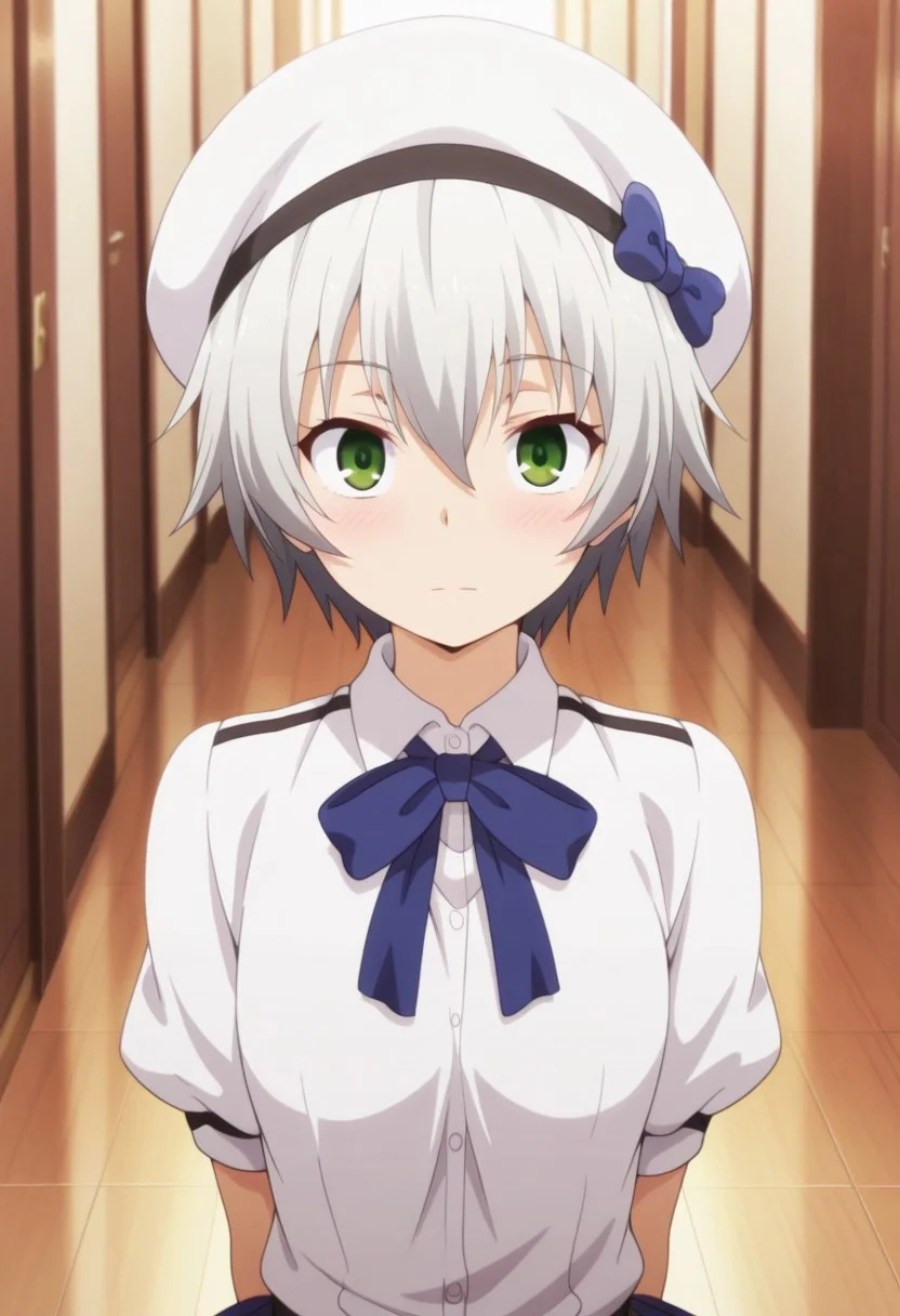 masterpiece,best quality,amazing quality, kurogane shizuku, short hair, green eyes, silver hair, 1girl, solo, hat,bow