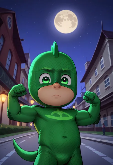 (score_9, score_8_up, score_7_up), highly detailed, cute boy, masterpiece, best quality, high quality, detailed, round face, round eyes, round pupils, shining eyes, petite, flat chested, aged down, cute, kawaii, short, 1boy, solo, Gekko Costume, Green Bodysuit, Green Eyes, Mask, Tail, flexing arms, at night, muscular, full moon, low angle view, perfect detail, perfect eyes, perfect face, perfect mouth, night time, moonlighting, empty streets, outdoors, street, city background, textured costume, bold lines, volumetric lighting, moon in background, ((blurred detailed background)), natural lighting, (ray tracing, good shadows), young