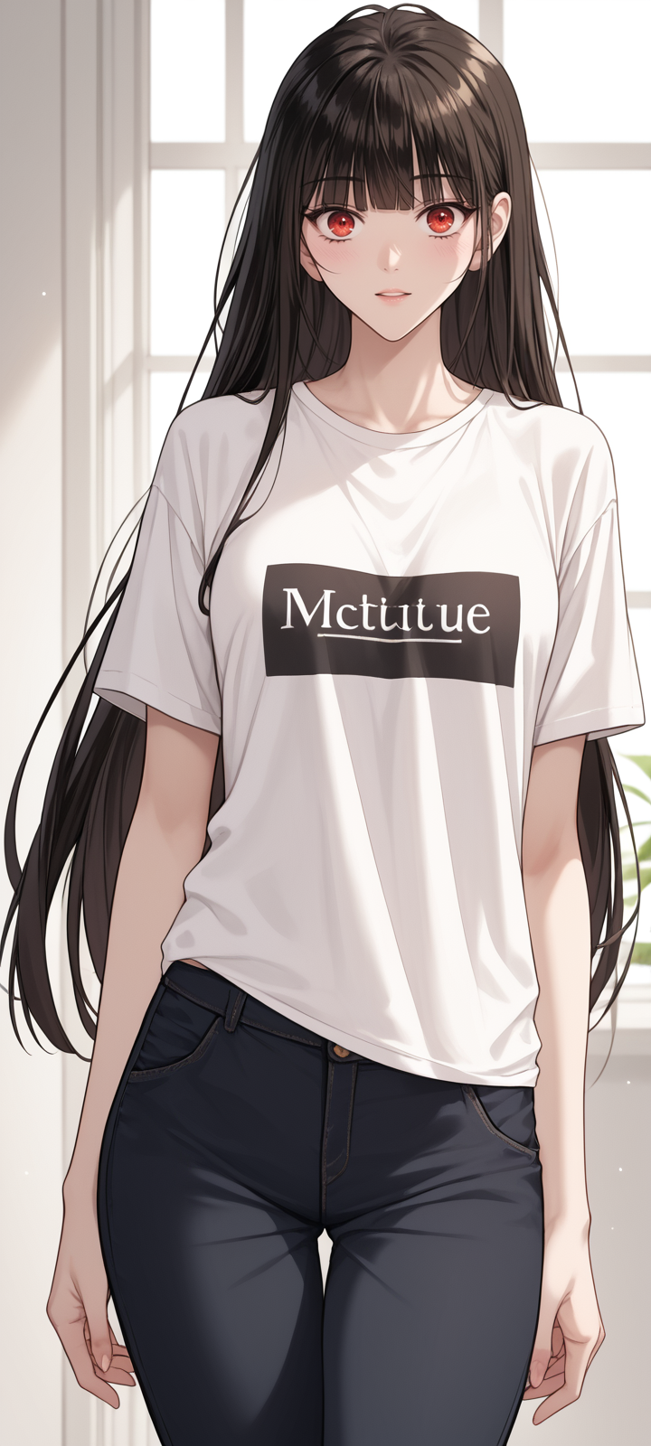 zPDXL3, score_9_up, score_8_up, score_7_up, (Anime_source),Masterpiece,(perfect female body:1.2), small waist,(incredibly detailed:1.4), slim, beautiful fingers, beautiful white skin, Beautiful clear skin, big breasts, (thick thighs:1.2)  <lora:Rosa_Park_-_Pure_Villain__ManhwaWebtoon:1> rosa park, 1girl, black hair, long hair, blunt bangs, red eyes, looking at viewer, loose t-shirt, loose black pants,