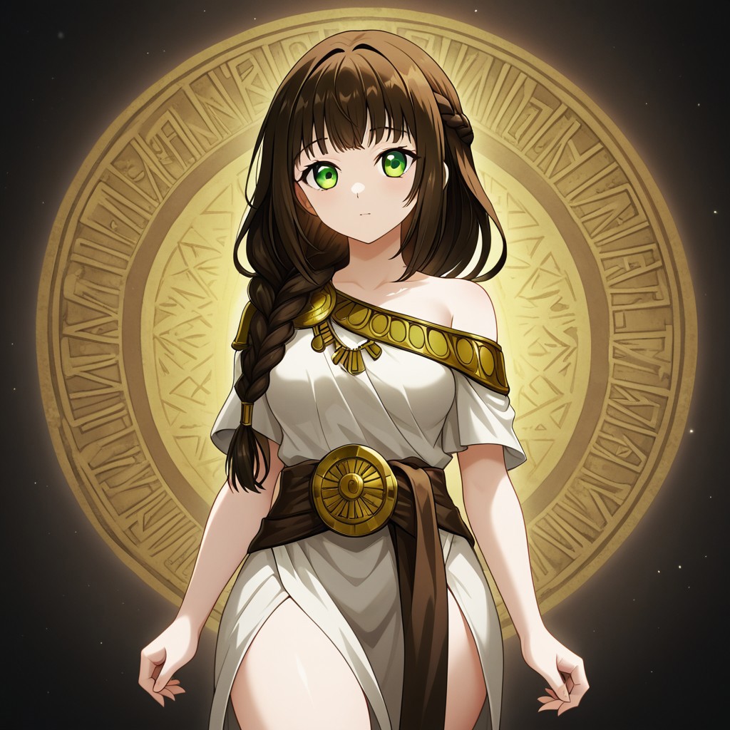 rh34, brown hair, long hair, choppy bangs, high braid, green eyes, medium breasts, ancient greek clothes, plain toga, shoulder broach, one side off-shoulder,