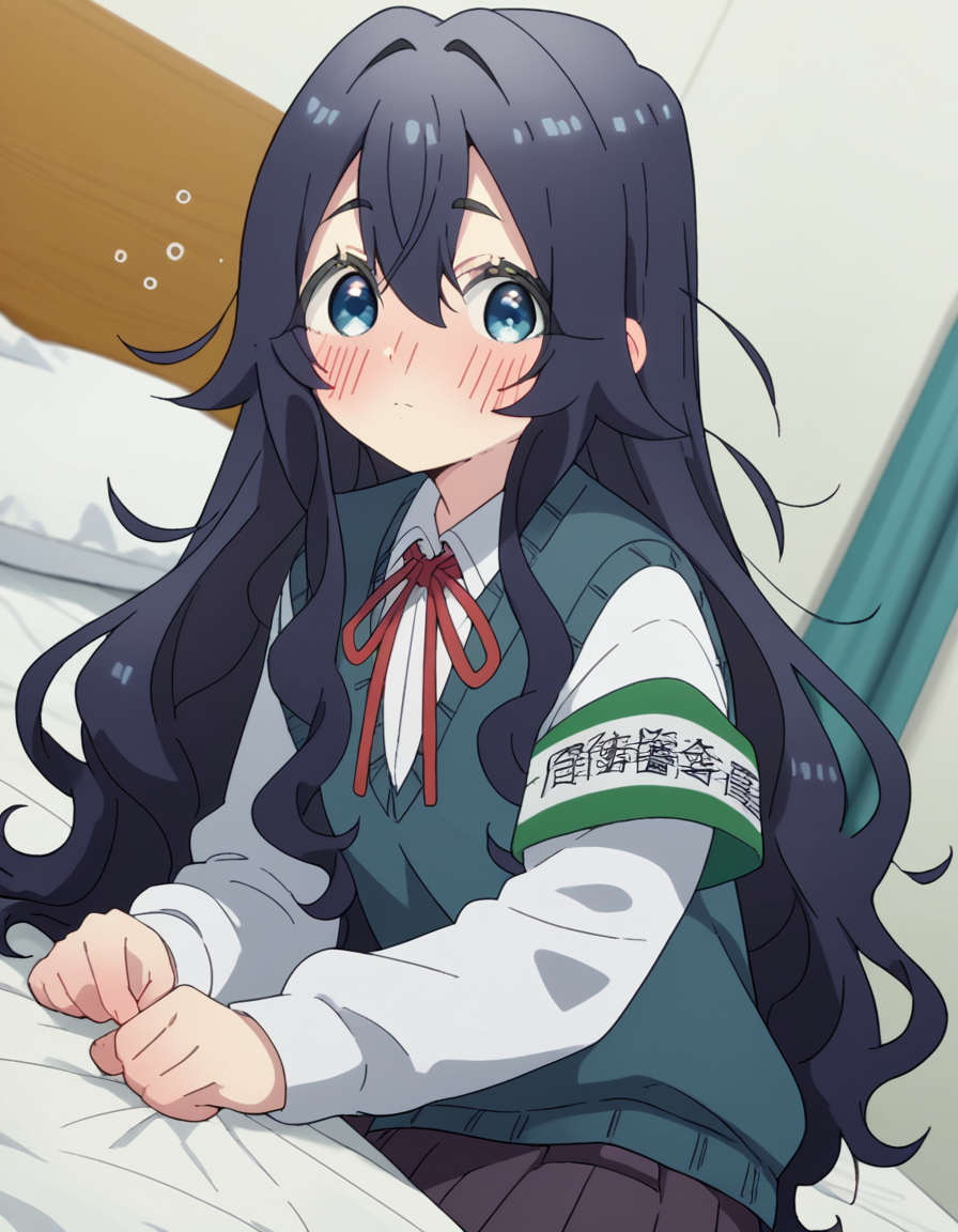 score_9, score_8_up, score_7_up, source_anime,
shizukayoshimoto, <lora:shizuka-yoshimoto-s1-ponyxl-lora-nochekaiser:1>,
shizuka yoshimoto, long hair, bangs, blue eyes, black hair, hair between eyes, wavy hair,
skirt, shirt, ribbon, school uniform, white shirt, pleated skirt, red ribbon, neck ribbon, armband, sweater vest,
indoors, bed, bed room, on side, blush, drunk,
looking at viewer, cowboy shot, dutch angle, solo,