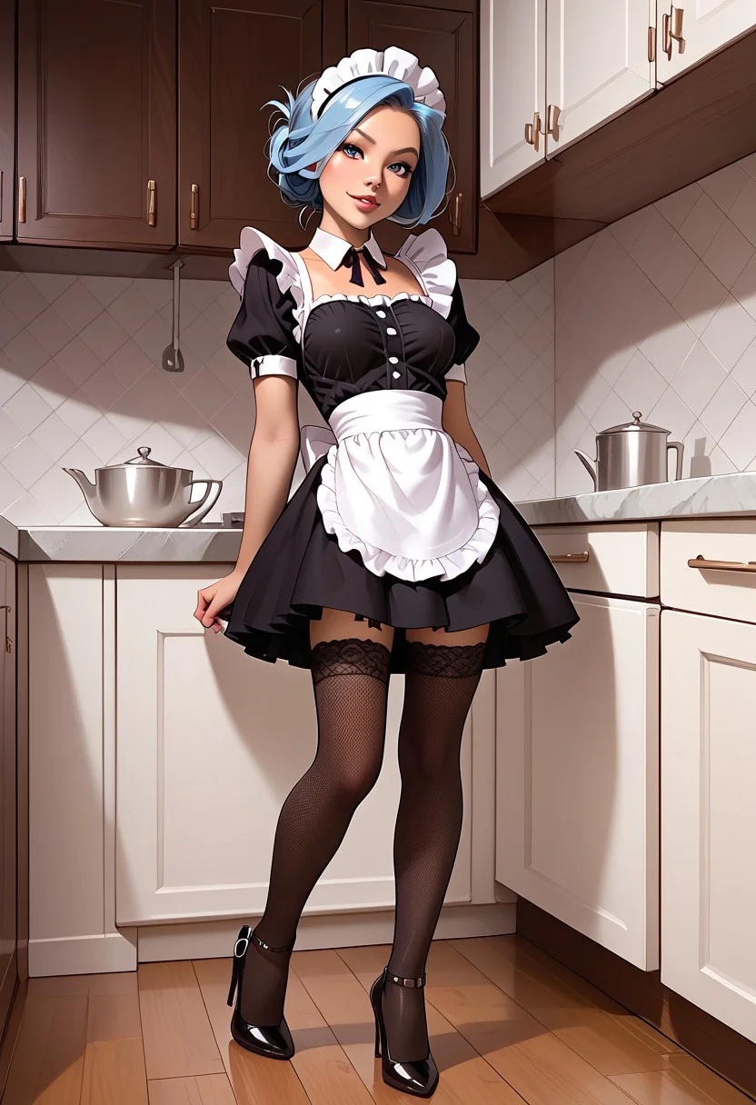 (score_9, score_8_up, score_7_up), score_9, score_8_up, score_7_up, score_6_up, score_5_up, score_4_up, rating_explicit, (source_anime), (masterpiece), best quality, expressive eyes, perfect face, ((illustrated girl:1.1)), 1girl, sexy young adult, super-cute, gorgeous, Expressiveh, Kim Possible, BREAK.
/(body)/, (medium breasts), light blue hair, (folded ponytail), (head tilt), tan skin, ((covered hard nipple outlines)), white fingernails, small waist, flawless skin, slim fit body, long legs, (gray eyes), BREAK.
/(wearing)/, french maid, french maids costume, maid uniform, stockings, high heels, French Maid , ((frilly black dress with white apron)), (mini dress), short sleeves, ruffles, black fishnet stockings, black heels, BREAK.
/(face)/, shy, smile, smug, (full pouty lips), head tilted, eyelashes, black bold eyeliner, lips parted, BREAK.
/(pose)/, standing, wide angle, classic model pose, BREAK.
/(setting)/, kitchen, properly sized, intimate, BREAK.
/(composition)/, full body shot
/(composition)/, full body shot.