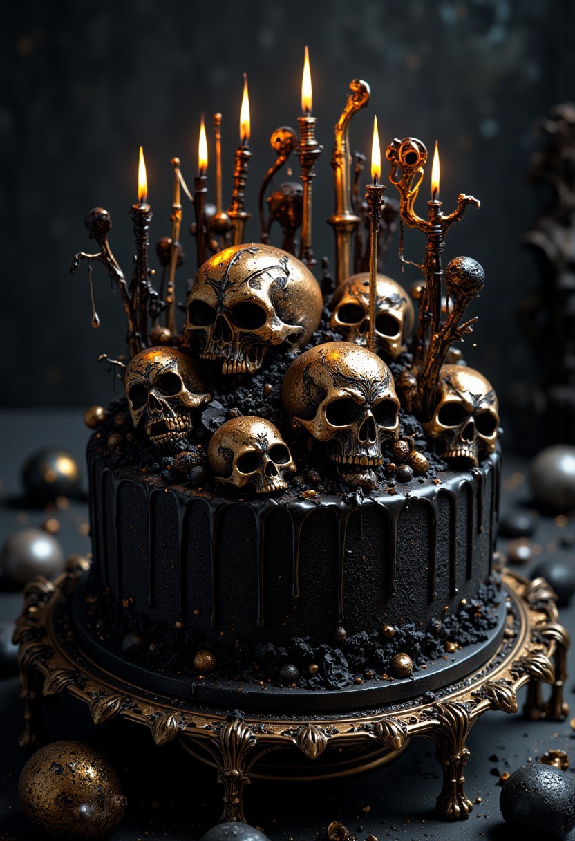 Gothicpunk  black velvet cake, golden skulls on top, black icing, candles in the shape of skeletons, graveyard, ultra HD, magical realism, ultra fine details, cinematic, fantasycore, volumetric lighting, epic composition, grimdark, ,breathtaking borderland fantasycore artwork by Android Jones, Jean Baptiste monge, Alberto Seveso, James Jean, Jeremy Mann, maximalist highly detailed and intricate professional photography, a masterpiece, 8k resolution concept art