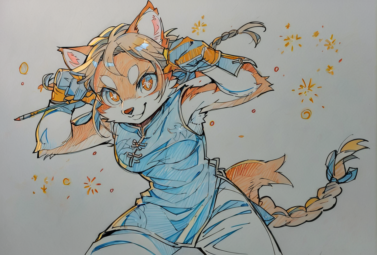 score_9, score_8_up, score_7_up, cute wolf girl, furry, fireworks, china dress, big gloves, braid, pants, tail, brown hair, epic pose, light smile, bright pupils, particles around, splash art, looking at viewer, cowboy shot, dynamic pose, smile, cute, wide shot, solo, dutch angle, simple white background, 
 <lora:KeyFrameXLP_Style:1>KeyFrameXLP, color trace, traditional media, sketch, colored pencil (medium), txt, keyframe,
