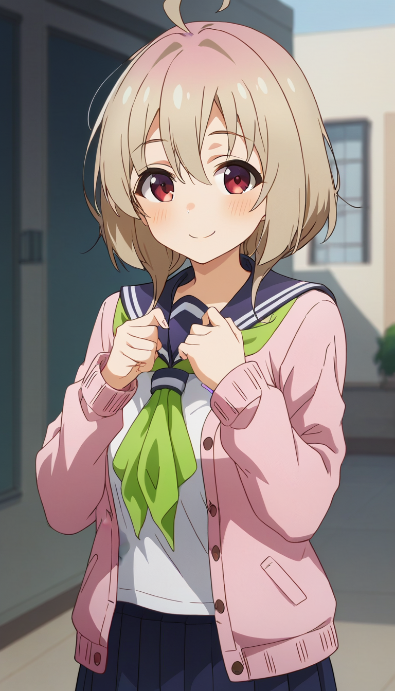 score_9,score_8_up,score_7_up,score_6_up BREAK official art,solo,outdoors,upper body,looking at viewer,facing viewer,smile,blush,Tanukikoji Kinu,ahoge,medium hair,light brown hair,hair between eyes,bangs,red eyes,school uniform,pink cardigan,open cardigan,blue sailor collar,green neckerchief,white shirt,long sleeves,medium breasts,blue skirt,pleated skirt,white socks,loafers,brown footwear,<lora:Tanukikoji Kinu(snk)-Pony:1.5>,