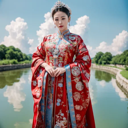 (8k, RAW photo, best quality, masterpiece:1.2), (realistic, photo-realistic:1.4), ultra-detailed, (Internet celebrity beauty),perfect detail , make up,(full body shot),China Jiangnan water town style, (cloud),zshs, a woman in a red and blue dress and a crown,<lora:zshs-10:0.8>