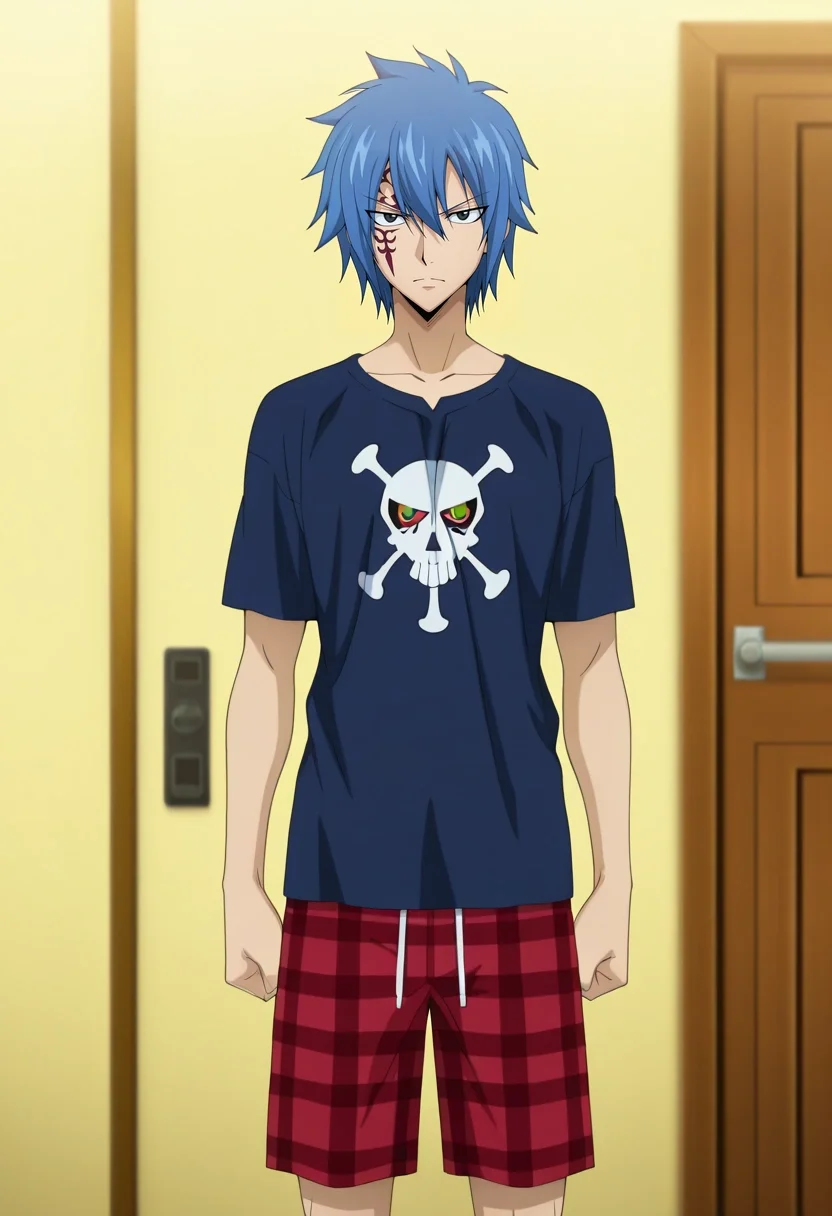 masterpiece, best quality, , anime screencap, anime coloring, official style, looking at viewer, 1boy, solo, male focus, <lora:jellal_fernandes_ilxl:0.98>, jellal_fernandes, blue hair, black eyes, short hair, tattoo, facial mark, hair between eyes, , Board shorts with print, Flannel Harlequin Mock neck T-shirt, Moccasins, ,