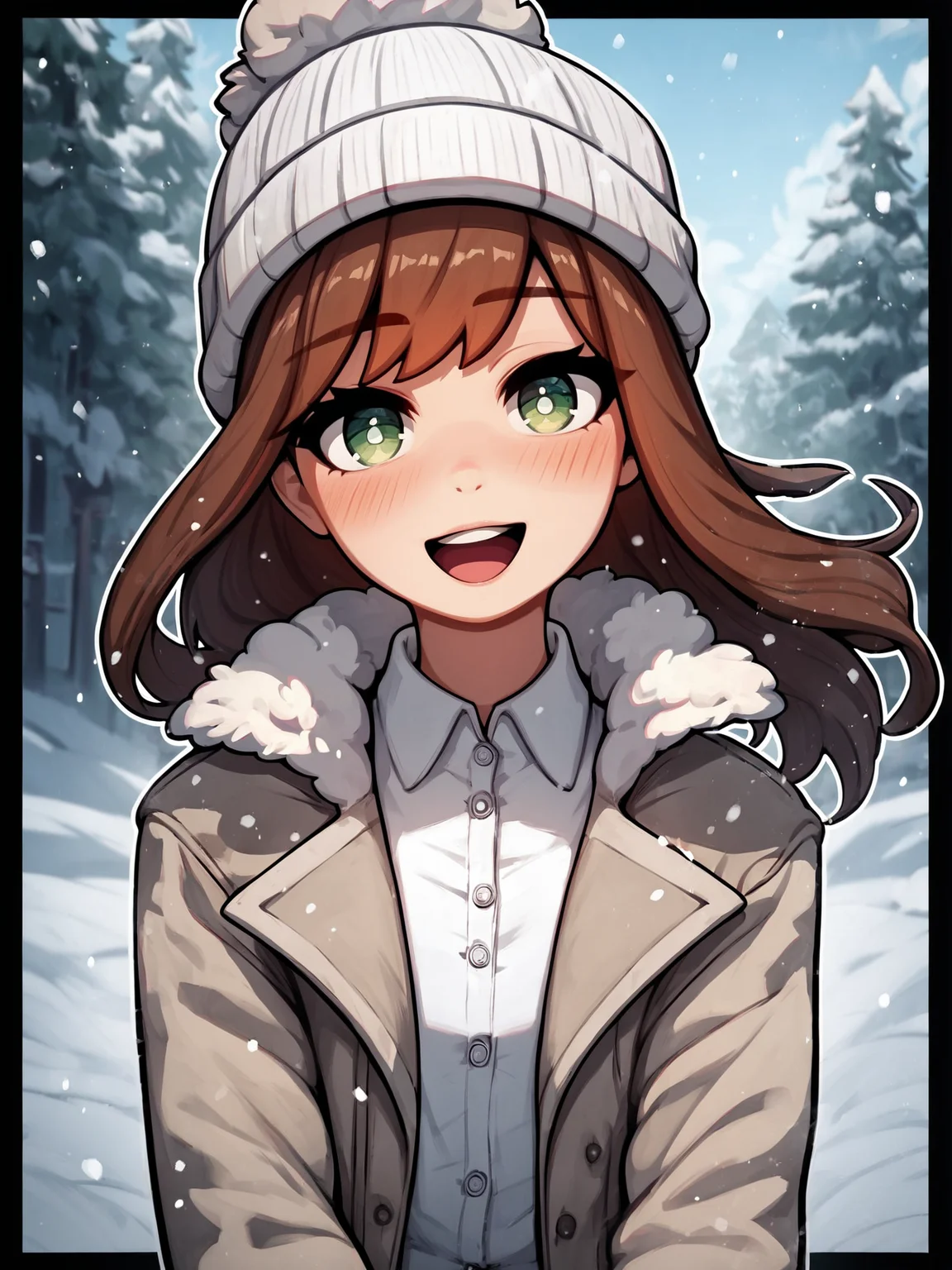 score_9, score_8_up, score_7_up, score_6_up, score_5_up, max detail, 4k wallpaper, masterpiece, best quality, absurdres, highres, dynamic angle, dynamic pose, source_anime,
(thick outline, black outline:1.1),
1girl, solo, hat, long hair, brown hair, shirt, green eyes, looking at viewer, white shirt, blush, snow, collared shirt, smile, fur trim, jacket, upper body, open clothes, white headwear, long sleeves, outdoors, blurry, blurry background, beanie, open mouth, coat, bangs, winter clothes
<lora:ThickOutline:0.8>