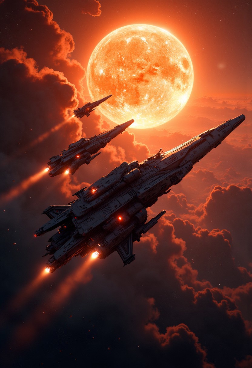 best quality, masterpiece, squadron of small military spacecraft, a supermassive dull sun in the background, cinematic, dynamic photorealistic image, High Definition HD, High Detail, Perfect Composition