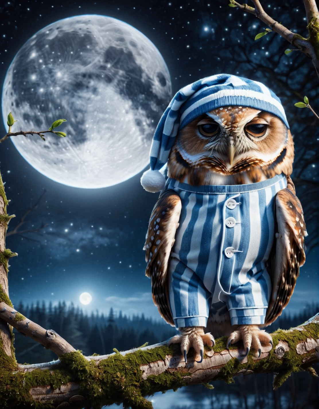 A ais-pyjms owl, perched on a branch in a moonlit forest <lora:ais-pyjms-sdxl:1>, masterpiece, uhd, 4k