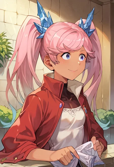 score_9, score_8_up, score_7_up, score_6_up, score_5_up, score_4_up, source_anime, indoors, b
(masterpiece, best quality), fcDetailPortrait, solo, 1girl, iogbfbase, twintails, small breasts, dark skin,
iogbfdress, hair ornament, pleated skirt, red pants, puffy sleeves, red coat, 1girl, solo, Pink hair, outdoors, cafe, light smile, sitting,(((lustrous skin:1.5,bright skin: 1.5,skin,shiny skin,very shiny skin,shiny body,plastic glitter skin,exaggerated shiny skin,illuminated skin))),(detailed body,(detailed face)),