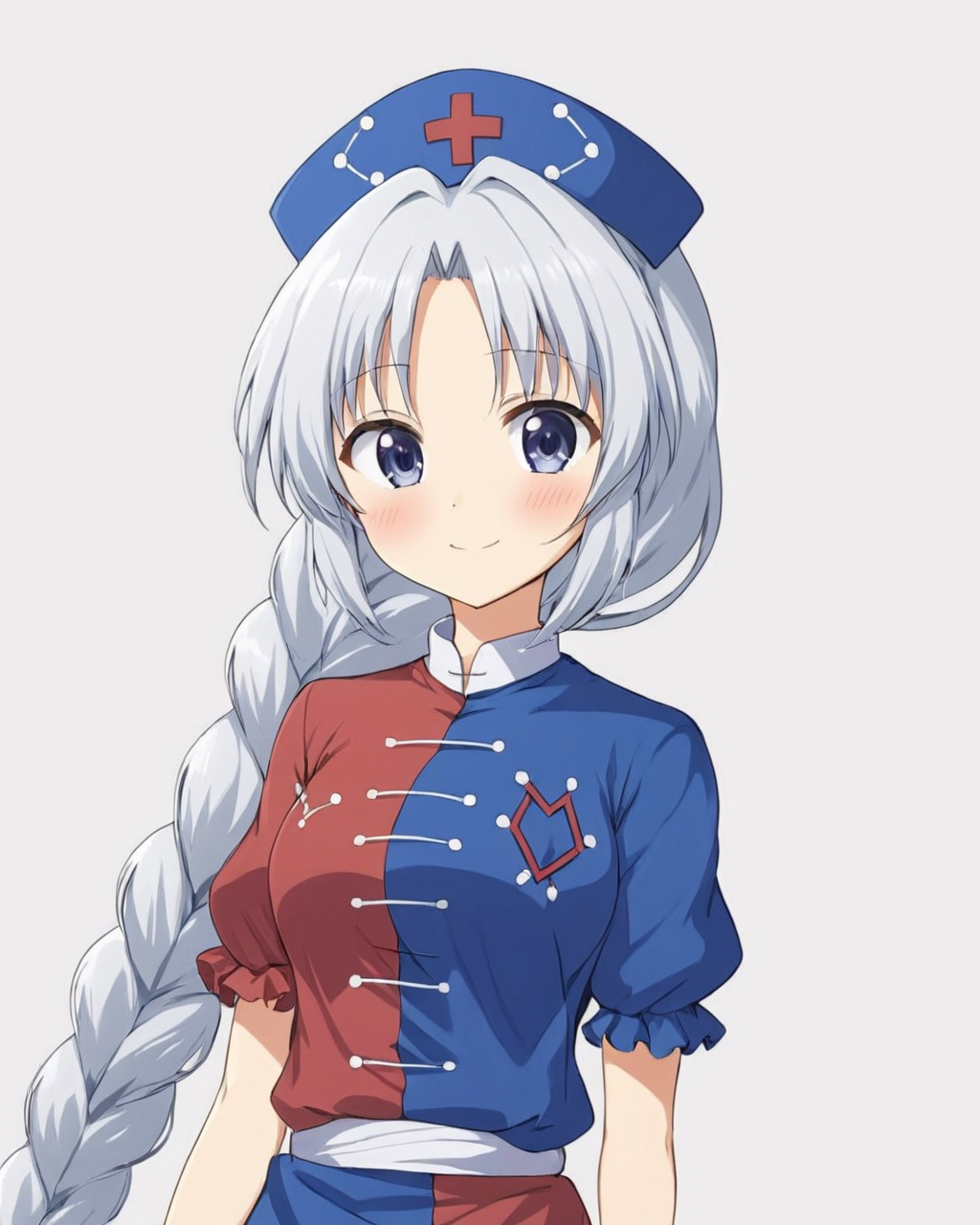 yagokoro eirin,1girl, smile, nurse_cap, solo, seiza, blush, short_sleeves, ^_^, single_braid, simple_background, white_background
<lora:yagokoro_eirin_image2417_2023-12-20-000010:1>,star-shaped_pupils,symbol-shaped_pupils,. gorgeous,key visual, vibrant, studio anime,award-winning, professional, highly detailed,high budget, cinemascope