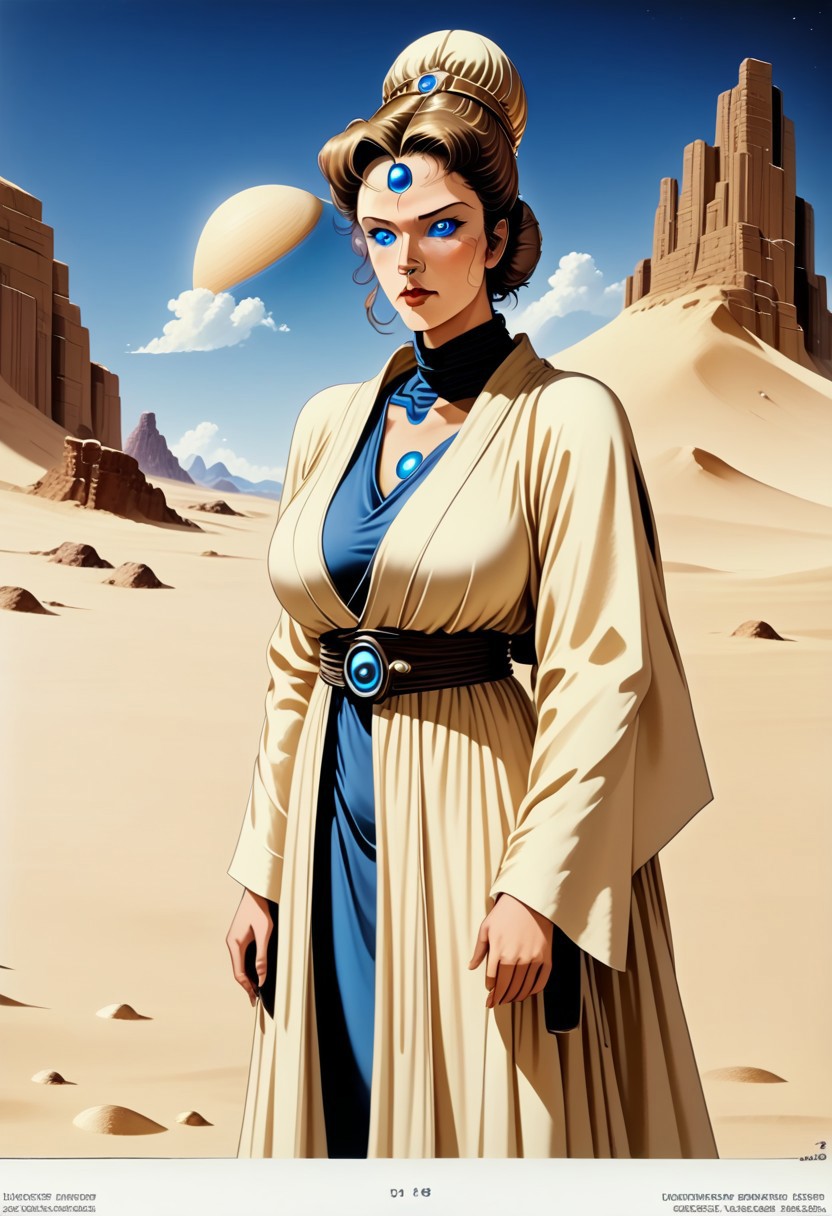 masterpiece, best quality, amazing quality, very aesthetic, high resolution, ultra-detailed, absurdres, solo, ladyj3ssic4, blue eyes, robe, mature female, breasts, hair bun, desert, sand, colored sclera, blue sclera, vintage art style, western comic style, science fiction, retro style,
