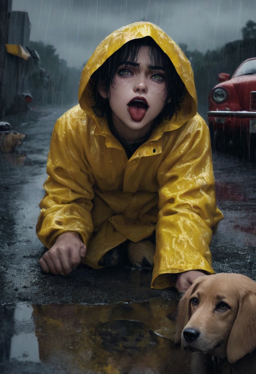 doggie1, perfecteyes, PacificNorthwest, hyperrealistic,  8k, gorgeous faint red lips, tongue hanging out, panting, dog sits next to a puddle, wears dirty yellow rain coat, puddle reflects dog, background run down car graveyard, moon inthe sky peeking through clouds, rainy, gloomy
