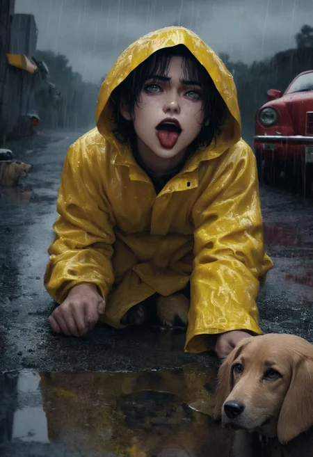 doggie1, perfecteyes, PacificNorthwest, hyperrealistic,  8k, gorgeous faint red lips, tongue hanging out, panting, dog sits next to a puddle, wears dirty yellow rain coat, puddle reflects dog, background run down car graveyard, moon inthe sky peeking through clouds, rainy, gloomy