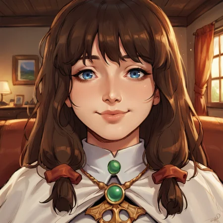 score_9, score_8_up, score_7_up, score_6_up, source_anime, BREAK, <lora:Katia:0.9> , kadef, 1girl, brown hair, long hair, hair tubes, blue eyes, white cape, cape, brooch, green brooch, ((face)), close-up, looking at viewer, closed smile, sad smile,  <lora:zy_Detailed_Backgrounds_v1:0.3> , detailed background, highly detailed, interior, fancy house, living room,   <lora:3mpr3ss3XLP:0.8> , 3mpr3ss3,