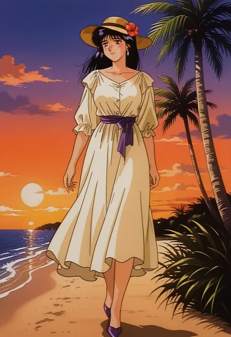 masterpiece, best quality, anime screenshot, 1990s (style), retro artstyle, 1girl, solo, mature woman, masana19, medium hair, black hair, long hair, closed mouth, light smile, medium breast, blush, bangs, white dress, purple sash, sunhat, hair flower, purple heels, full body, walking, looking side, sunset, palm tree, beach, cloud sky,