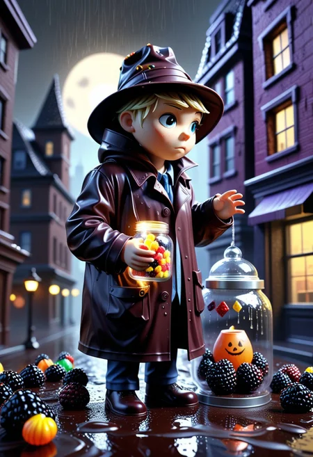 BlackberryWorld Detective_A detective in a BlackberryWorld raincoat and hat investigates the disappearance of sugar from a jar. The backdrop is a dystopian city of chocolate buildings and candy lanterns._HF , 8k , Hyperrealism_