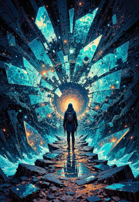 masterpiece, high-quality, hyperdetailed, refined details, best quality, high resolution, A solitary figure stands at the edge of a cracked glass ocean, each fractured pane revealing different, dreamlike undersea visionsâancient shipwrecks, vibrant reefs, swirling galaxies. Shards glimmer with refracted light, symbolizing fragmented memories. The figureâs eyes brim with nostalgic sorrow, their breath misting in the cool, ethereal twilight, <lora:FLUX\Anime v1.3:0.5> <lora:FLUX\FLUX-daubrez-DB4RZ:0.3> <lora:FLUX\VividlySurrealOrigin:0.6> <lora:FLUX\DarksunRiddV4:0.4>