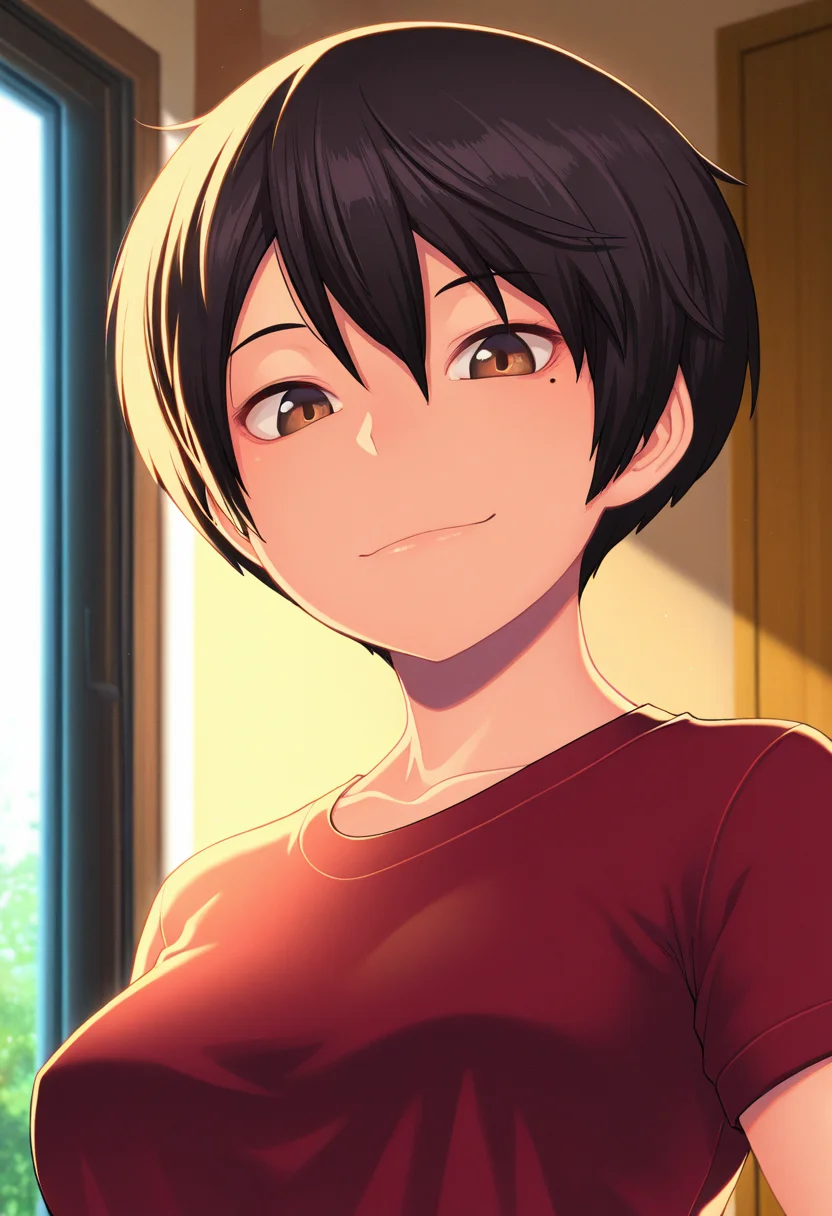 masterpiece, best quality, amazing quality, 1girl, solo, (portrait:1.2), fumikoww, tomboy, brown eyes, black hair, short hair, mole under eye, medium breasts, t-shirt, looking at viewer, smile, indoors, day, skindentation, detailed clothing folds, depth of field, sharp, high contrast, dynamic light <lora:Fujishiro_Fumiko_Killer_Queen_ill:0.9>