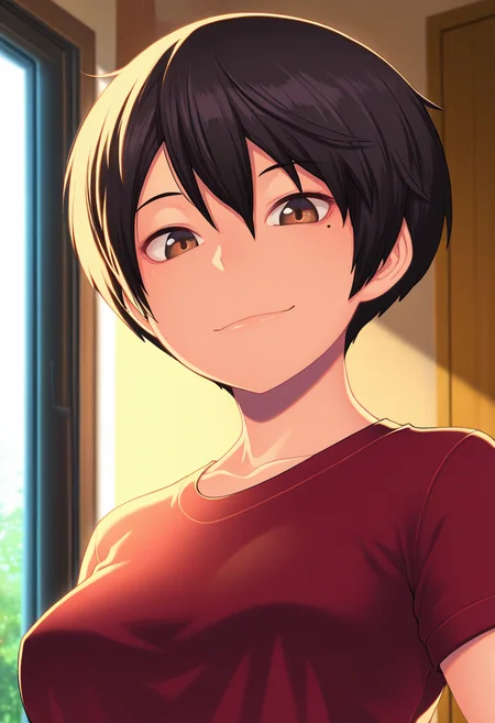 masterpiece, best quality, amazing quality, 1girl, solo, (portrait:1.2), fumikoww, tomboy, brown eyes, black hair, short hair, mole under eye, medium breasts, t-shirt, looking at viewer, smile, indoors, day, skindentation, detailed clothing folds, depth of field, sharp, high contrast, dynamic light <lora:Fujishiro_Fumiko_Killer_Queen_ill:0.9>