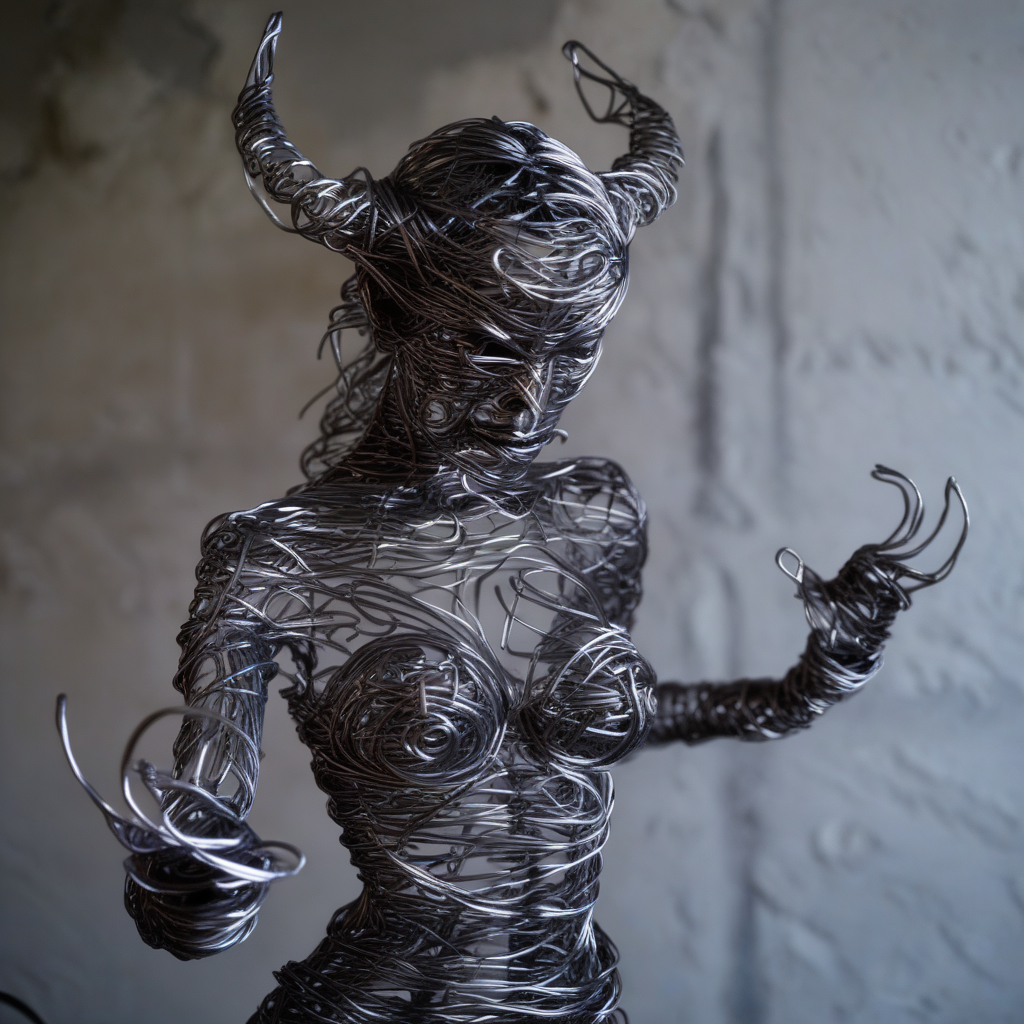 wirex wire sculpture demon girl in the background hell flames  <lora:wirex:0.8>