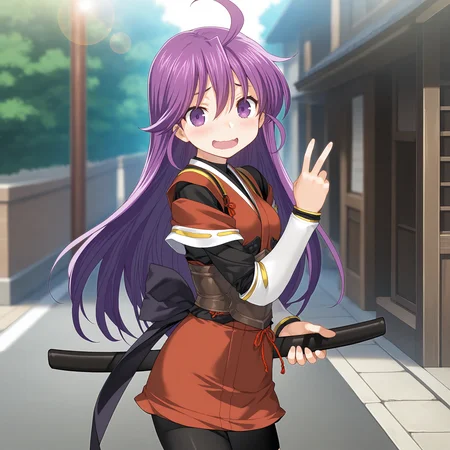 <lora:Kentou_Kanami_03_1_nai-000084:1>,Kentou Kanami,ahoge,
official outfit,japanese clothes,armor,bike shorts,red skirt,corset,sheathed,red clothes,
1girl,smile,wavy mouth,open mouth,looking at viewer,confused,v,street,depth of field,lens_flare,day,from side,
