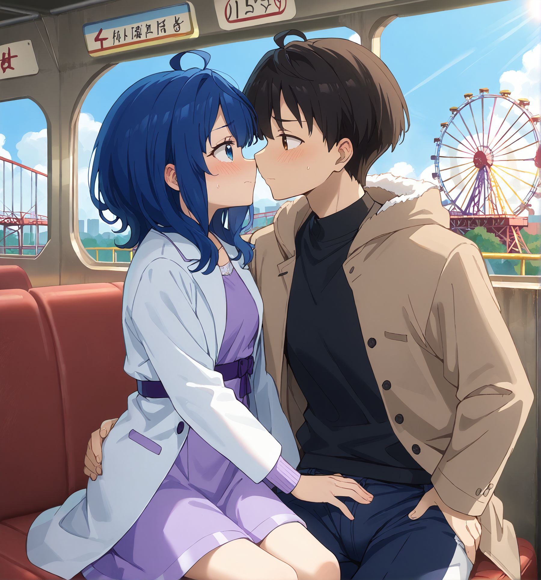 score_9,score_8_up,score_7_up,masterpiece, best quality, <lora:WHM 0.2v:0.5>, WHM, 2D,anime, 
hetero, (1boy), 1girl,  trapped together, cramped, enclosed,in Ferris Wheel room,  cuddling, bulge, window, sunlight, facing another, 
 embarrassed, sitting in Ferris Wheel,  seat,hand on hip,imminent kiss, amusement park, roller coaster, 
BREAK
hetero, (1boy), 1girl,  trapped together, cramped, enclosed,in Ferris Wheel room,  cuddling, bulge, window, sunlight, facing another, 
 embarrassed, sitting in Ferris Wheel,  seat,hand on hip,imminent kiss, amusement park, roller coaster, 
1girl, <lora:anna_yanami_anime_v7-soralz:0.6>, anna yanami, blue hair, medium hair, ahoge, blue eyes, white coat, long sleeves, purple dress,open jacket, 
BREAK
hetero, (1boy), 1girl,  trapped together, cramped, enclosed,in Ferris Wheel room,  cuddling, bulge, window, sunlight, facing another, 
 embarrassed, sitting in Ferris Wheel,  seat,hand on hip,imminent kiss, amusement park, roller coaster, 
<lora:kazuhiko_nukumizu_anime_v2-soralz:0.6>, kazuhiko nukumizu, short hair, black hair, ahoge, brown eyes, winter coat, hood down, draw strings, brown coat, fur trim, black shirt,long pants,