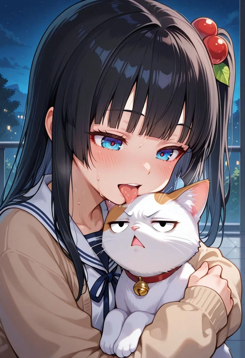 half-closed_eyes,1cat,
1girl,sulking,angry,chestnut_mouth,triangle_mouth,jitome,empty eyes,