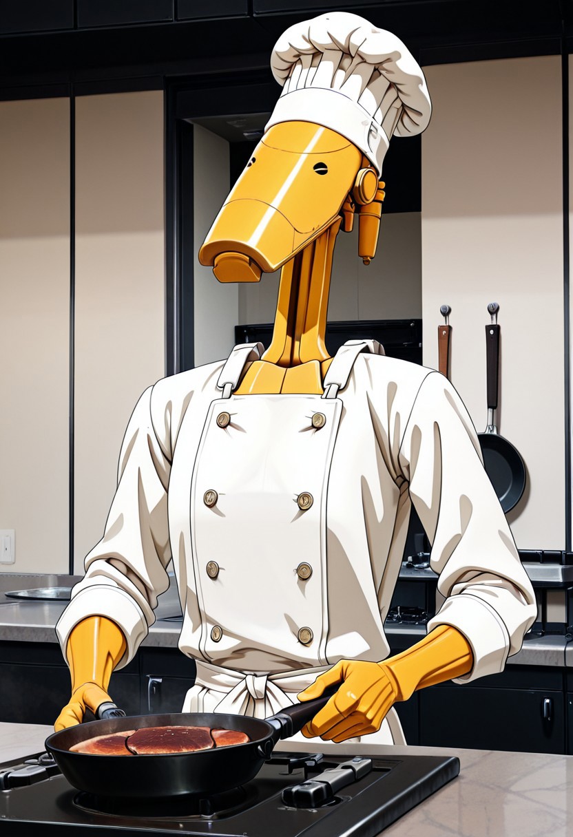 Masterpiece, absurdres, highest quality, highly detailed, newest, 8k, anime style, solo, b1bd, cl4nker, short blonde hair, chef apron, chef hat, cooking steak, detailed kitchen, holding frying pan, no humans, kitchen background, detailed background,