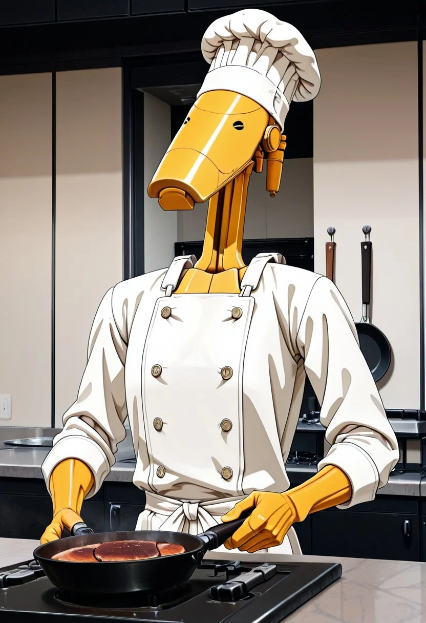 Masterpiece, absurdres, highest quality, highly detailed, newest, 8k, anime style, solo, b1bd, cl4nker, short blonde hair, chef apron, chef hat, cooking steak, detailed kitchen, holding frying pan, no humans, kitchen background, detailed background,