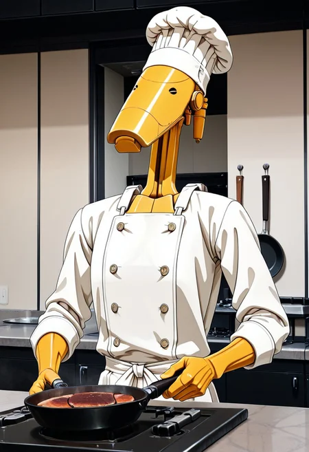 Masterpiece, absurdres, highest quality, highly detailed, newest, 8k, anime style, solo, b1bd, cl4nker, short blonde hair, chef apron, chef hat, cooking steak, detailed kitchen, holding frying pan, no humans, kitchen background, detailed background,