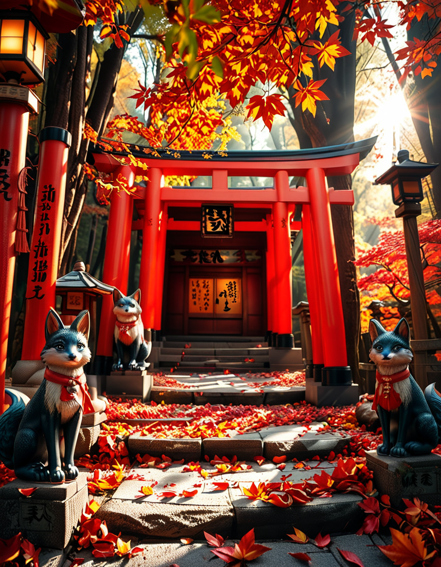 A breathtaking Inari shrine hidden within a serene Japanese forest during autumn. The scene is illuminated by the soft glow of traditional stone lanterns, casting warm golden light on the vibrant red torii gates that form a mesmerizing tunnel leading up the shrineâs stone steps. The ground is covered with delicate fallen maple leaves in shades of crimson, orange, and yellow. Kitsune (fox) statues with intricate details guard the entrance, wearing red bibs symbolizing their sacred role. The shrineâs wooden structure is adorned with ancient calligraphy and shimenawa ropes, exuding a mystical and spiritual atmosphere. Sunlight filters through the dense foliage, creating a tranquil interplay of light and shadow. The air feels crisp and filled with a sense of reverence and peace. The image is captured in a hyper-detailed, photorealistic style, with high dynamic range lighting enhancing the depth and richness of the colors.
<lora:SDXLFaeTastic2400:0.4> <lora:extremely_detailed:0.4> extremely detailed, <lora:Inari_shr1n3:1>,Inari shr1n3, Masterpiece,best quality,hi res,8k,hi res,8k,award winning,(sharp focus, intricate, highly detailed),