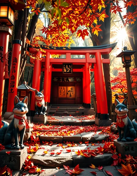 A breathtaking Inari shrine hidden within a serene Japanese forest during autumn. The scene is illuminated by the soft glow of traditional stone lanterns, casting warm golden light on the vibrant red torii gates that form a mesmerizing tunnel leading up the shrineâs stone steps. The ground is covered with delicate fallen maple leaves in shades of crimson, orange, and yellow. Kitsune (fox) statues with intricate details guard the entrance, wearing red bibs symbolizing their sacred role. The shrineâs wooden structure is adorned with ancient calligraphy and shimenawa ropes, exuding a mystical and spiritual atmosphere. Sunlight filters through the dense foliage, creating a tranquil interplay of light and shadow. The air feels crisp and filled with a sense of reverence and peace. The image is captured in a hyper-detailed, photorealistic style, with high dynamic range lighting enhancing the depth and richness of the colors.
<lora:SDXLFaeTastic2400:0.4> <lora:extremely_detailed:0.4> extremely detailed, <lora:Inari_shr1n3:1>,Inari shr1n3, Masterpiece,best quality,hi res,8k,hi res,8k,award winning,(sharp focus, intricate, highly detailed),
