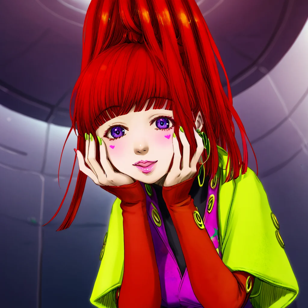 best quality, masterpiece, official artwork, 1girl, solo, sq, red hair, jewelry, earrings, purple eyes, lips, nail polish, makeup, long hair, ponytail, jacket, dress, spaceship room background, flashy, social, flirty face, hands on face, blush, realistic