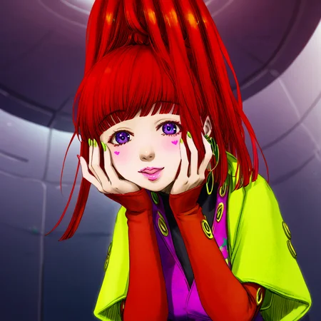 best quality, masterpiece, official artwork, 1girl, solo, sq, red hair, jewelry, earrings, purple eyes, lips, nail polish, makeup, long hair, ponytail, jacket, dress, spaceship room background, flashy, social, flirty face, hands on face, blush, realistic