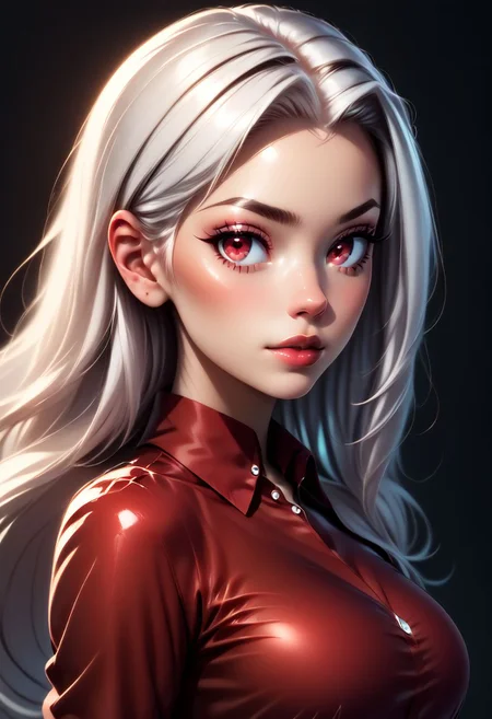 score_9, score_8_up, score_7_up, score_6_up, score_5_up, score_4_up score_9,score_8_up, digital art, upper body shot, realistic 3D illustration,
BREAK,
zzirisviel, white hair, red eyes, long hair, red shirt, dress shirt,
BREAK,
subsurface scattering, soft lighting, contemplative expression, dark background, subtle makeup, high-resolution, detailed texture, emotional depth, dramatic mood, side profile, serene atmosphere, cinematic lighting. perfectly round breasts, big breasts, firm breasts, SkinHairDetail, eye contact