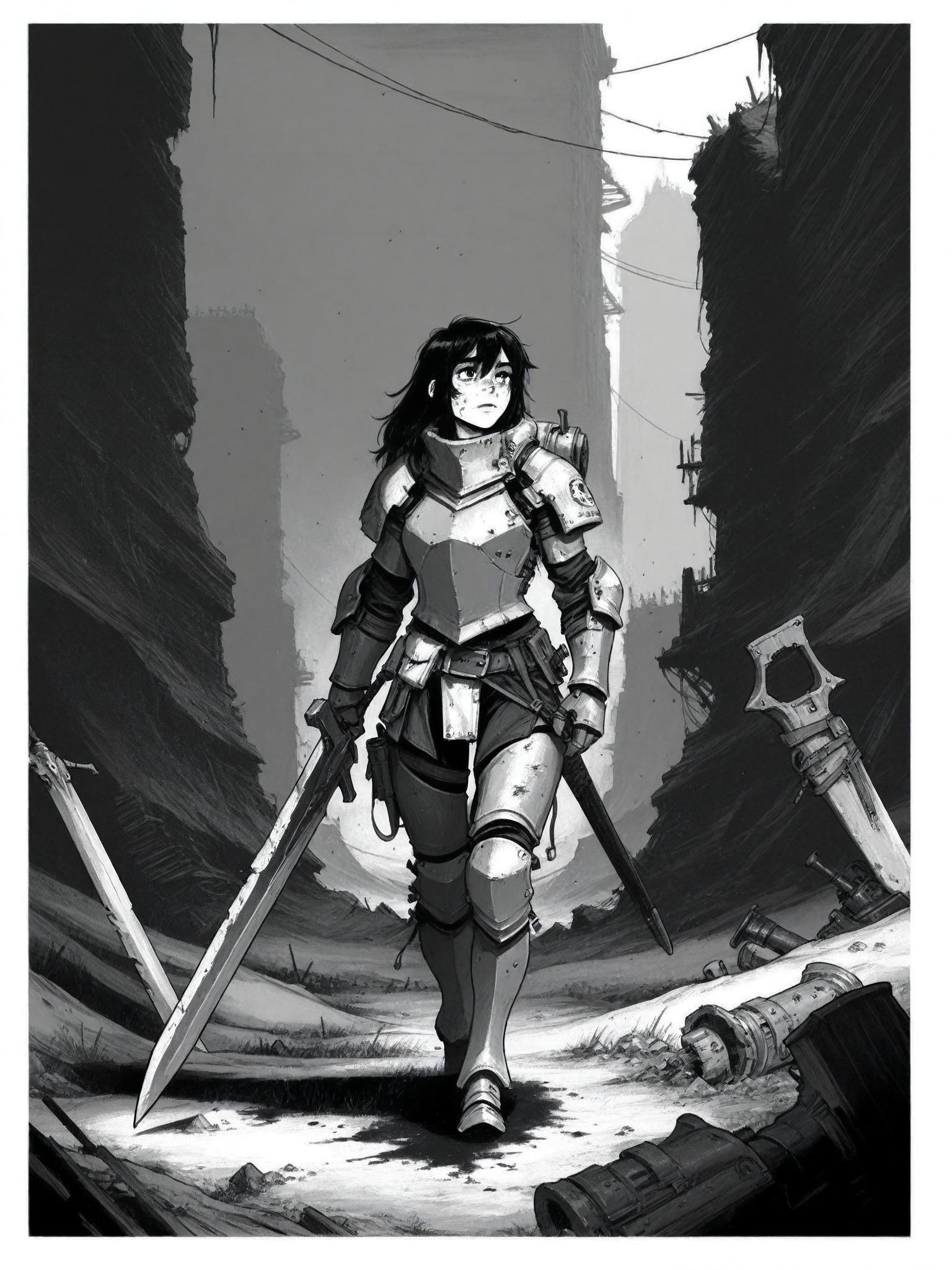  Remove Use these settings1girl,Heavily armored warrior, large sword, post-apocalyptic, black and white illustration, ink art, gritty style, desolate landscape, detailed gear, fantasy warrior,INK ,monochrome, greyscale, solo, gun, comic art, , black and white illustration,