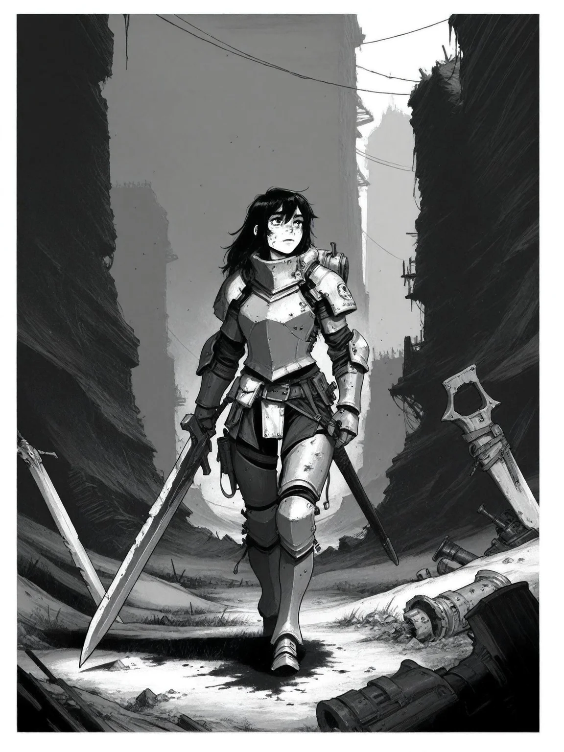 Remove Use these settings1girl,Heavily armored warrior, large sword, post-apocalyptic, black and white illustration, ink art, gritty style, desolate landscape, detailed gear, fantasy warrior,INK ,monochrome, greyscale, solo, gun, comic art, , black and white illustration,