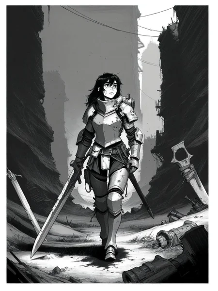 Remove Use these settings1girl,Heavily armored warrior, large sword, post-apocalyptic, black and white illustration, ink art, gritty style, desolate landscape, detailed gear, fantasy warrior,INK ,monochrome, greyscale, solo, gun, comic art, , black and white illustration,