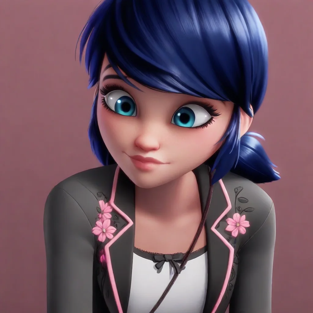 blue eyes, pink shorts, pigtails, white shirt, dark jacket, Marinette, pink purse