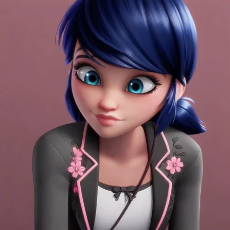 blue eyes, pink shorts, pigtails, white shirt, dark jacket, Marinette, pink purse
